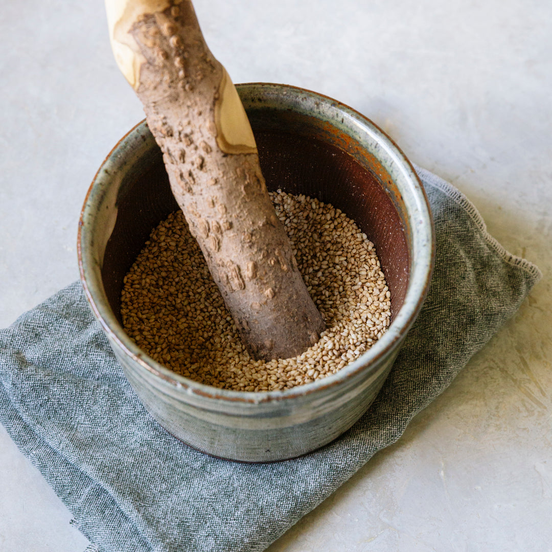 Medium Jizai Dougu Suribachi and Surikogi with ground sesame seeds inside