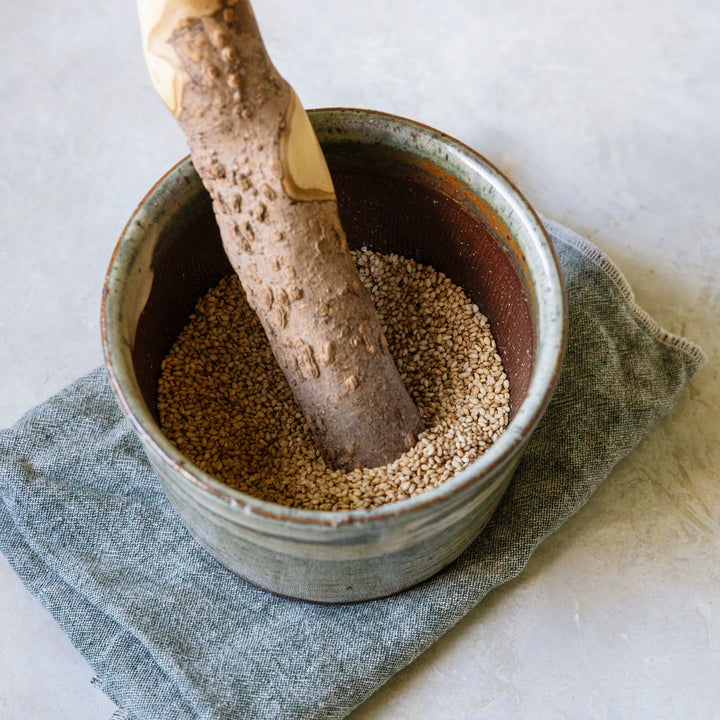 Medium Jizai Dougu Suribachi and Surikogi with ground sesame seeds inside