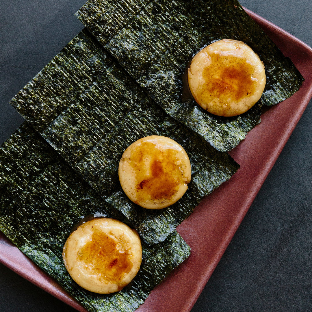 Brown butter mochi — crispy pan-fried Japanese rice cakes with nori and shoyu