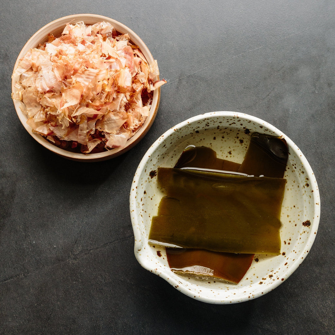 Dashi — Japanese konbu and katsuobushi stock in a bowl