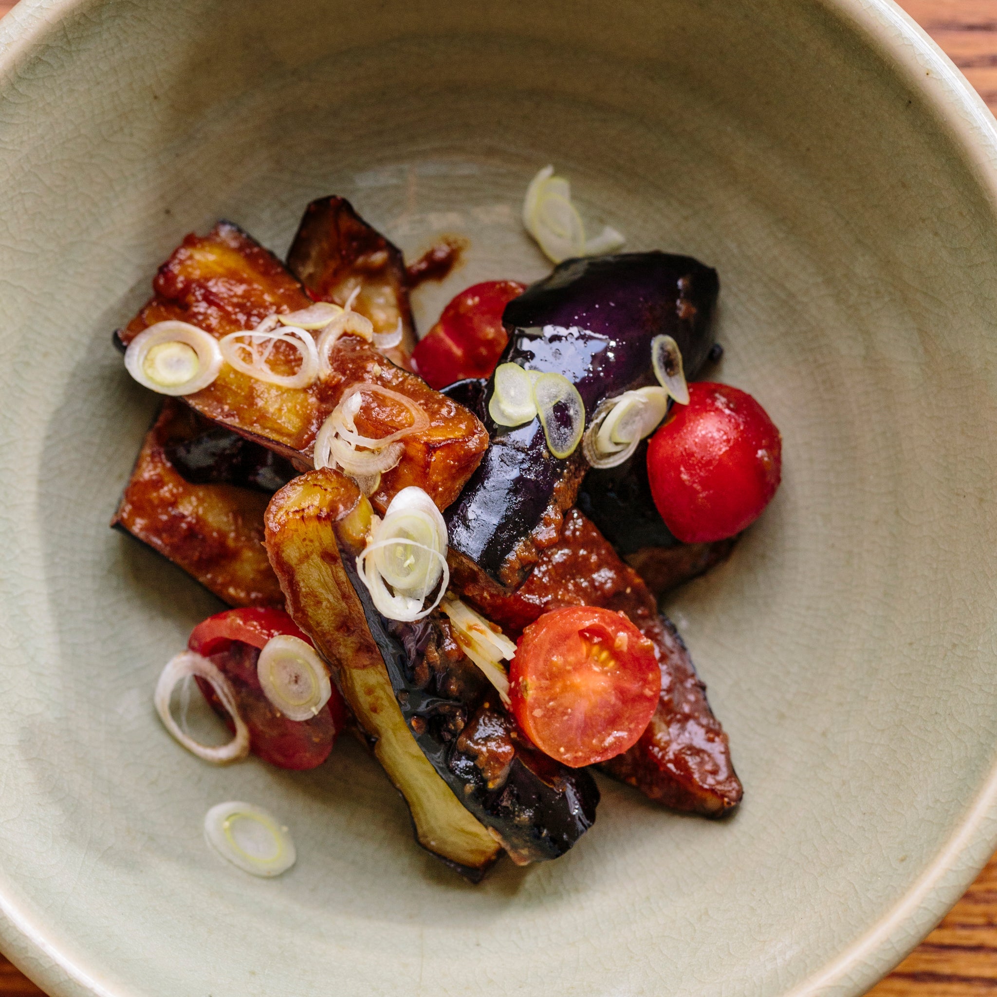 Japanese eggplant salad with red miso and sansho pepper