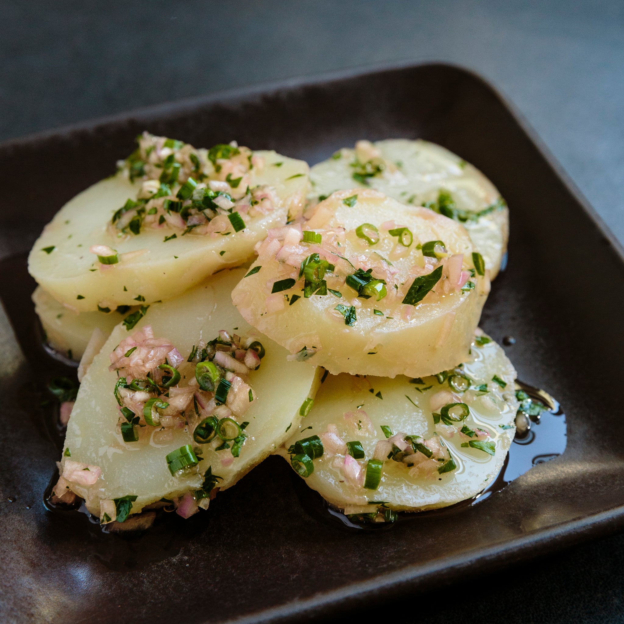 French potato salad dressed with Iio Jozo purple sweet potato vinegar