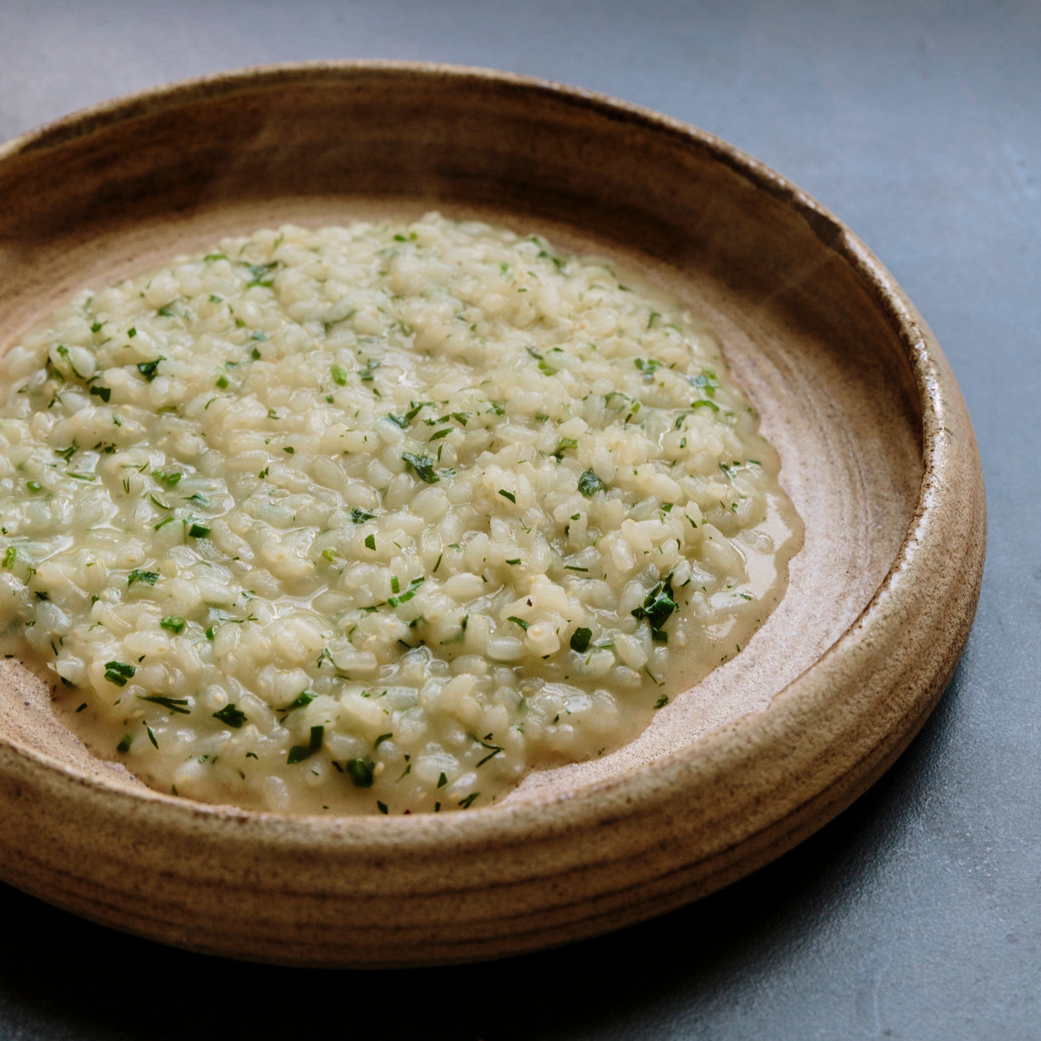 Herbed risotto made with konbu dashi — Japanese-Italian fusion dish