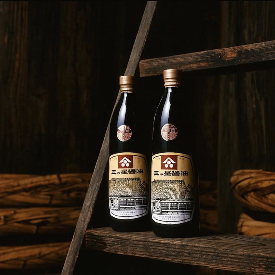 Horikawaya Nomura soy sauce bottles and aging barrels in Gobo City, Wakayama Prefecture