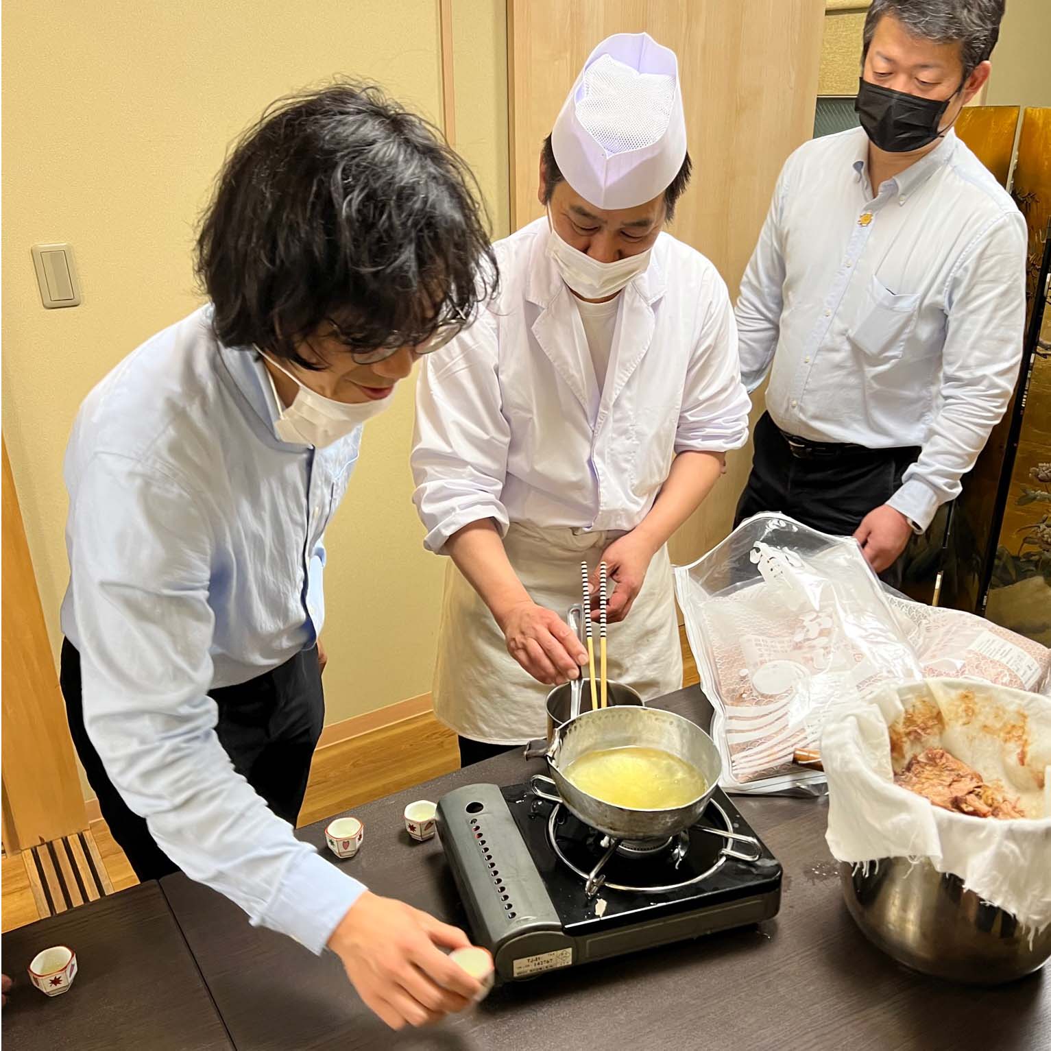 Greg Dunmore tasting katsuobushi dashi in Japan during the April 2022 trip