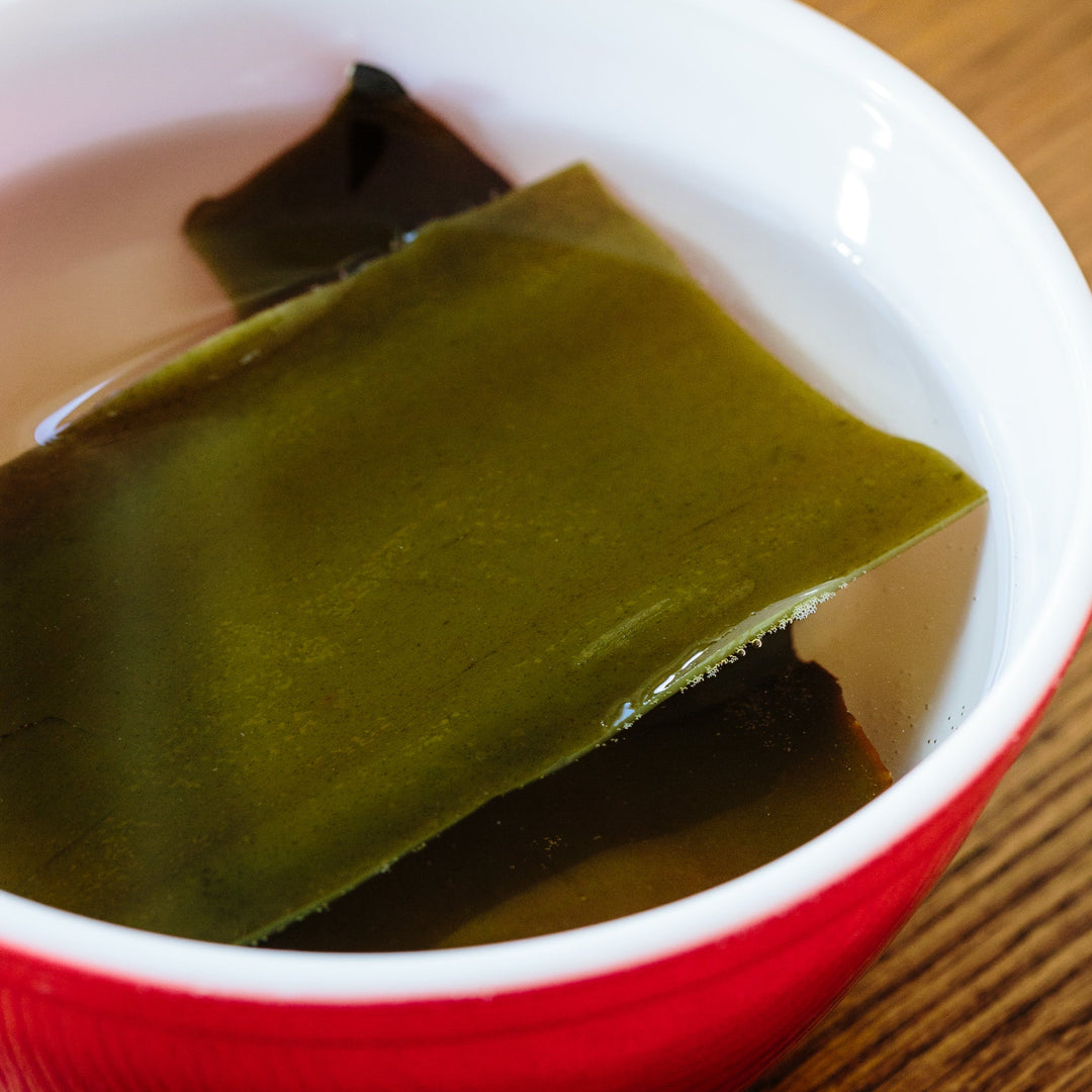 Konbu dashi — Japanese kelp stock steeping in a pot