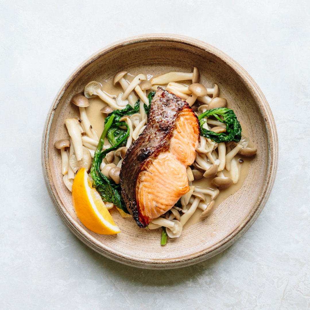 Japanese salmon with shungiku chrysanthemum greens and mushrooms