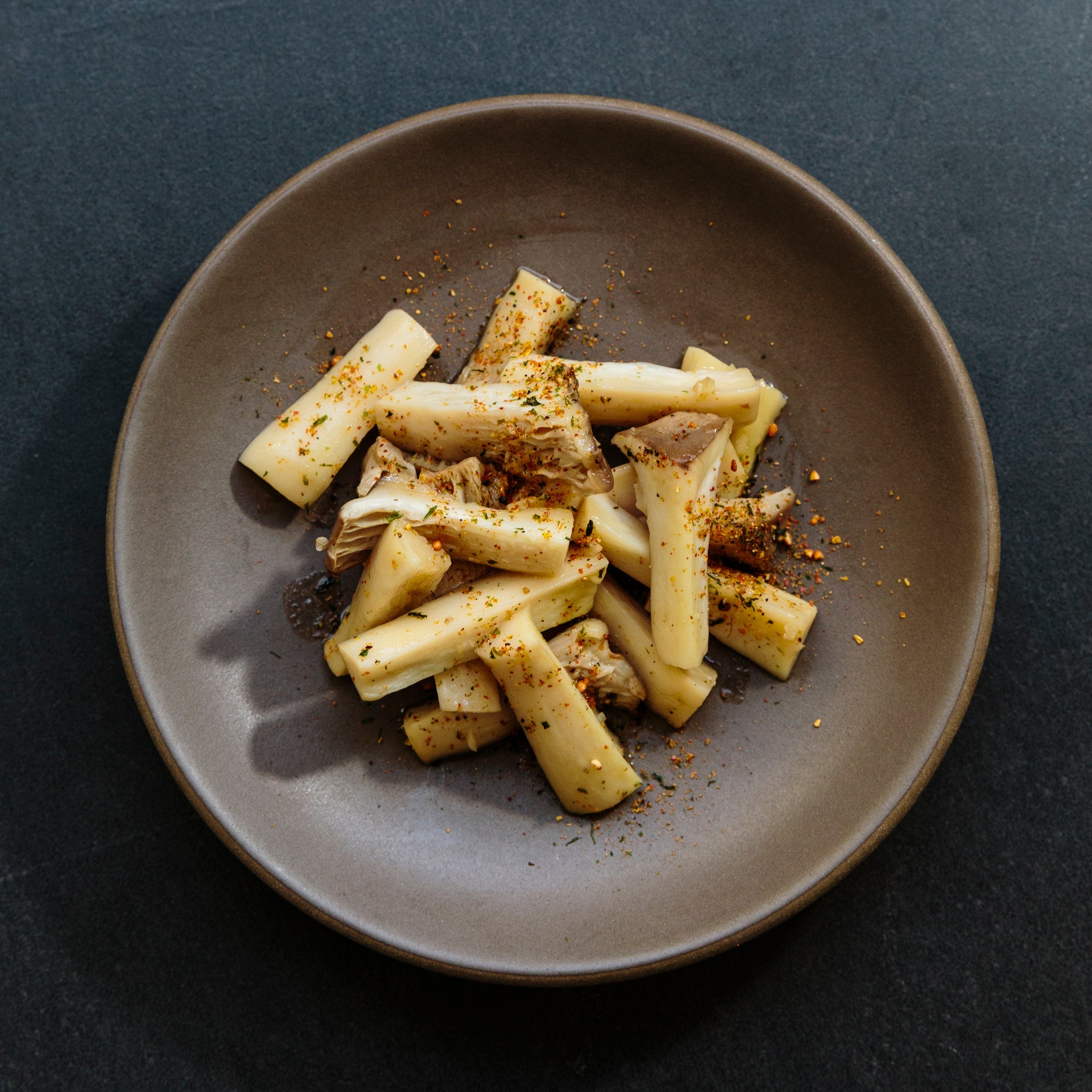 Marinated king trumpet mushrooms with soy sauce, rice vinegar, and sesame oil