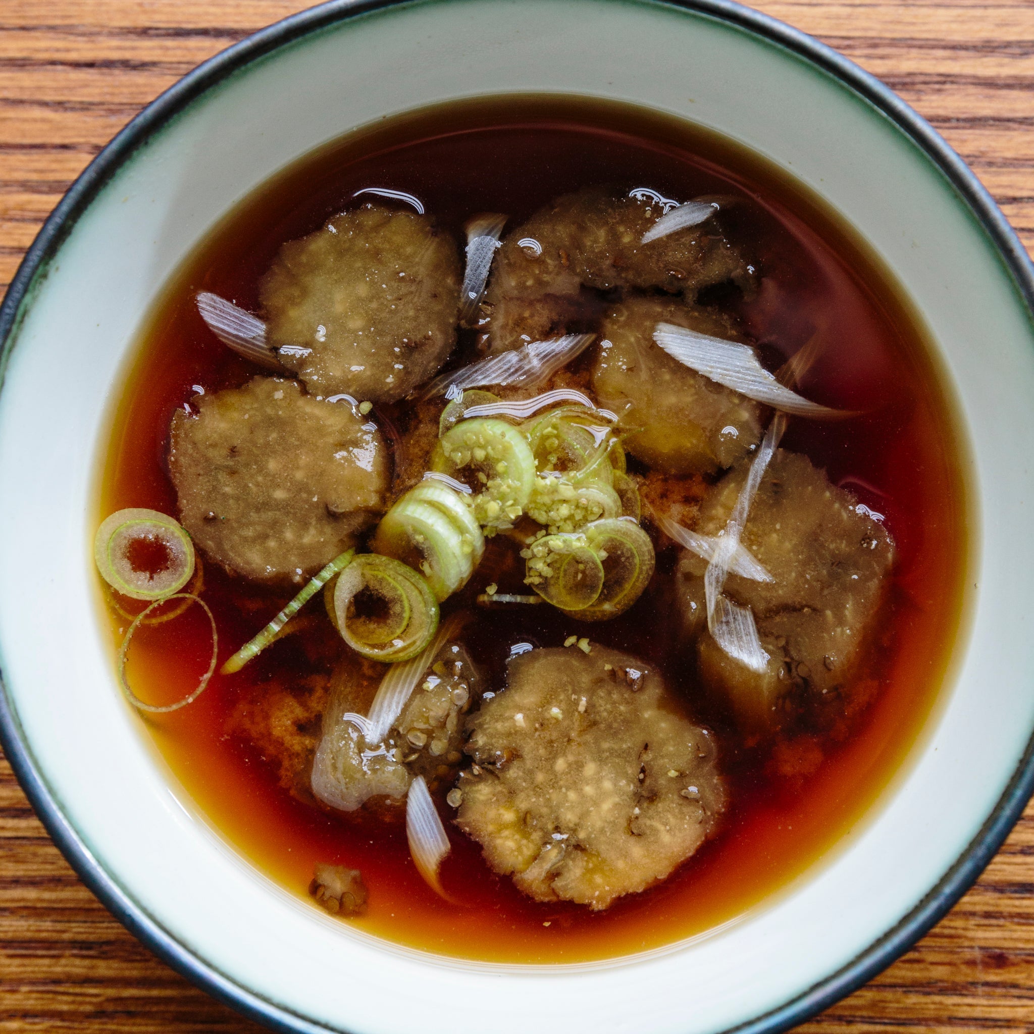 Japanese miso soup with eggplant and myoga ginger