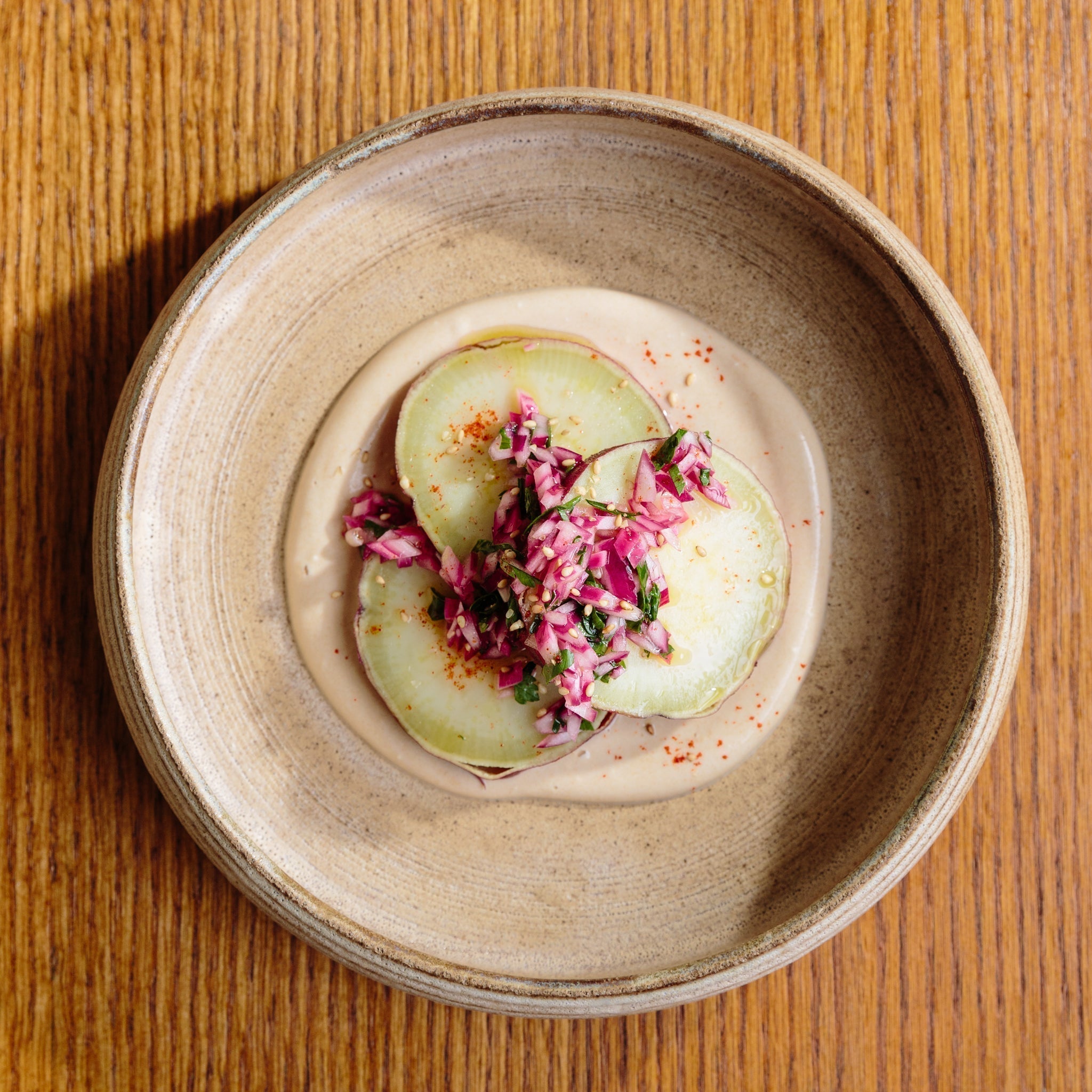 Roasted Japanese sweet potatoes with yogurt and Wadaman white sesame paste