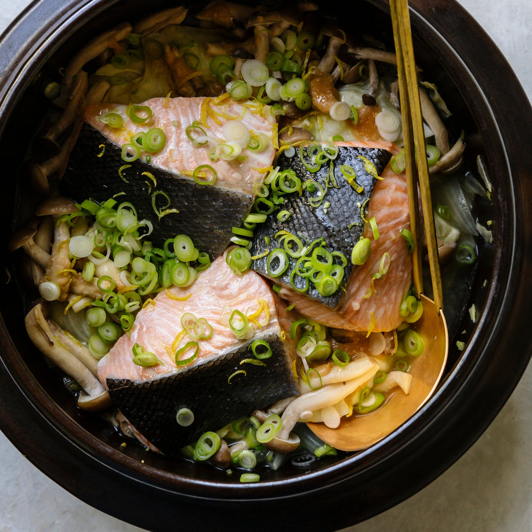 Salmon and cabbage nabe — Japanese hot pot with konbu dashi and white miso