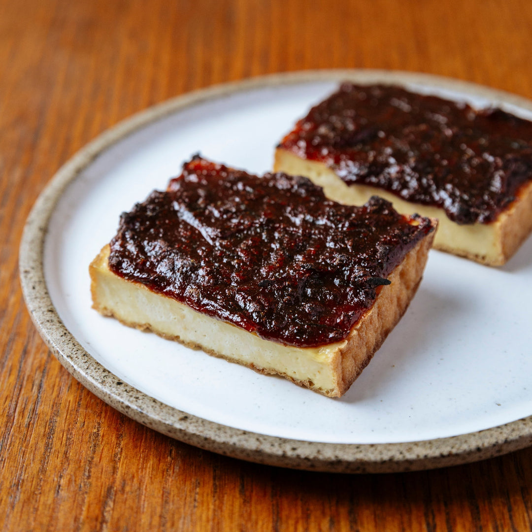 Miso dengaku tofu on a plate, prepared by Elizabeth Andoh