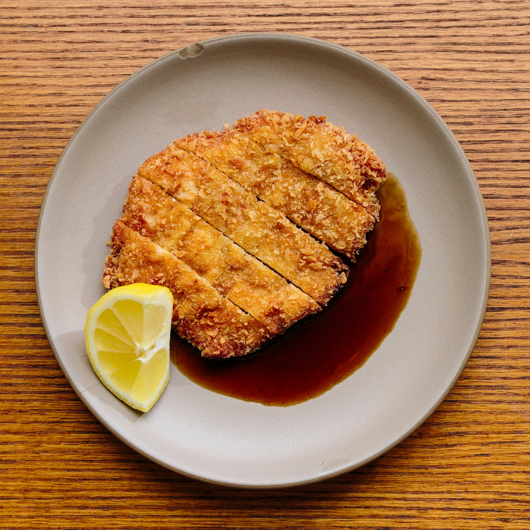 Tonkatsu — Japanese breaded pork cutlet with shio koji, tsukemono, and hot mustard