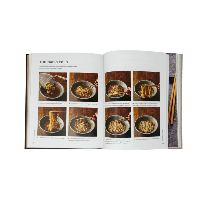 Open book showing a series of images of ramen noodles with chopsticks.