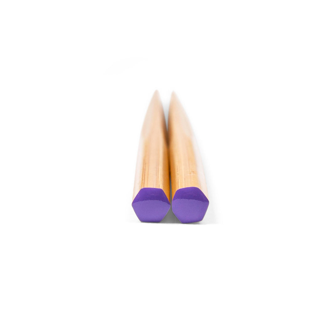 Pair of chopsticks with purple tips on a white background