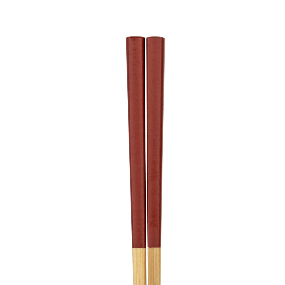 Two wooden chopsticks painted red on a white background