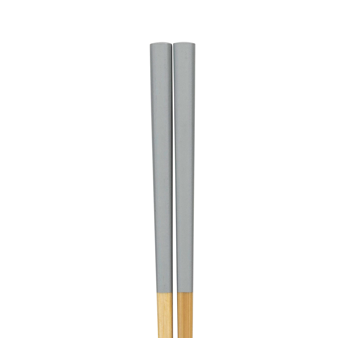 Two wooden chopsticks painted gray on a white background