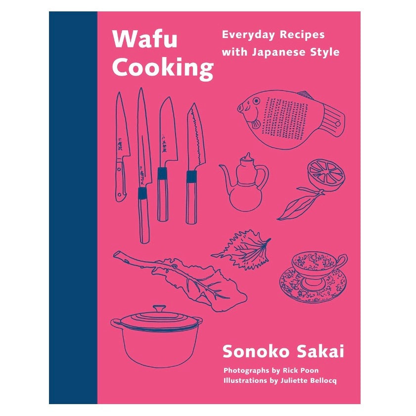 Bright pink with blue cover of the Wafu Cooking cookbook by Sonoko Sakaii.