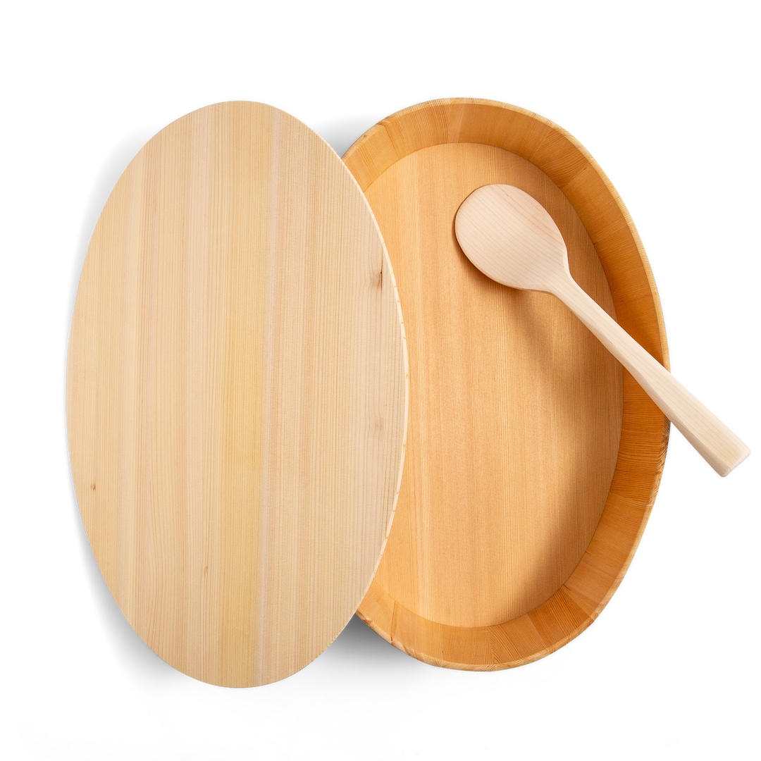 Oval Wooden Container with Lid & Serving Spoon