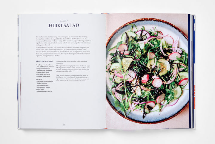 Open book showing a recipe for Hijiki Salad with a photograph of the salad on a white background.