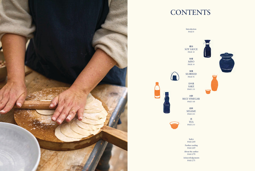 Person rolling out dough on a wooden board with book contents listed on the right side.