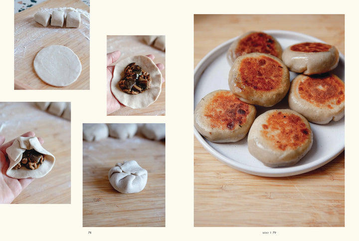 Step-by-step process of making and cooking dumplings on a wooden surface.