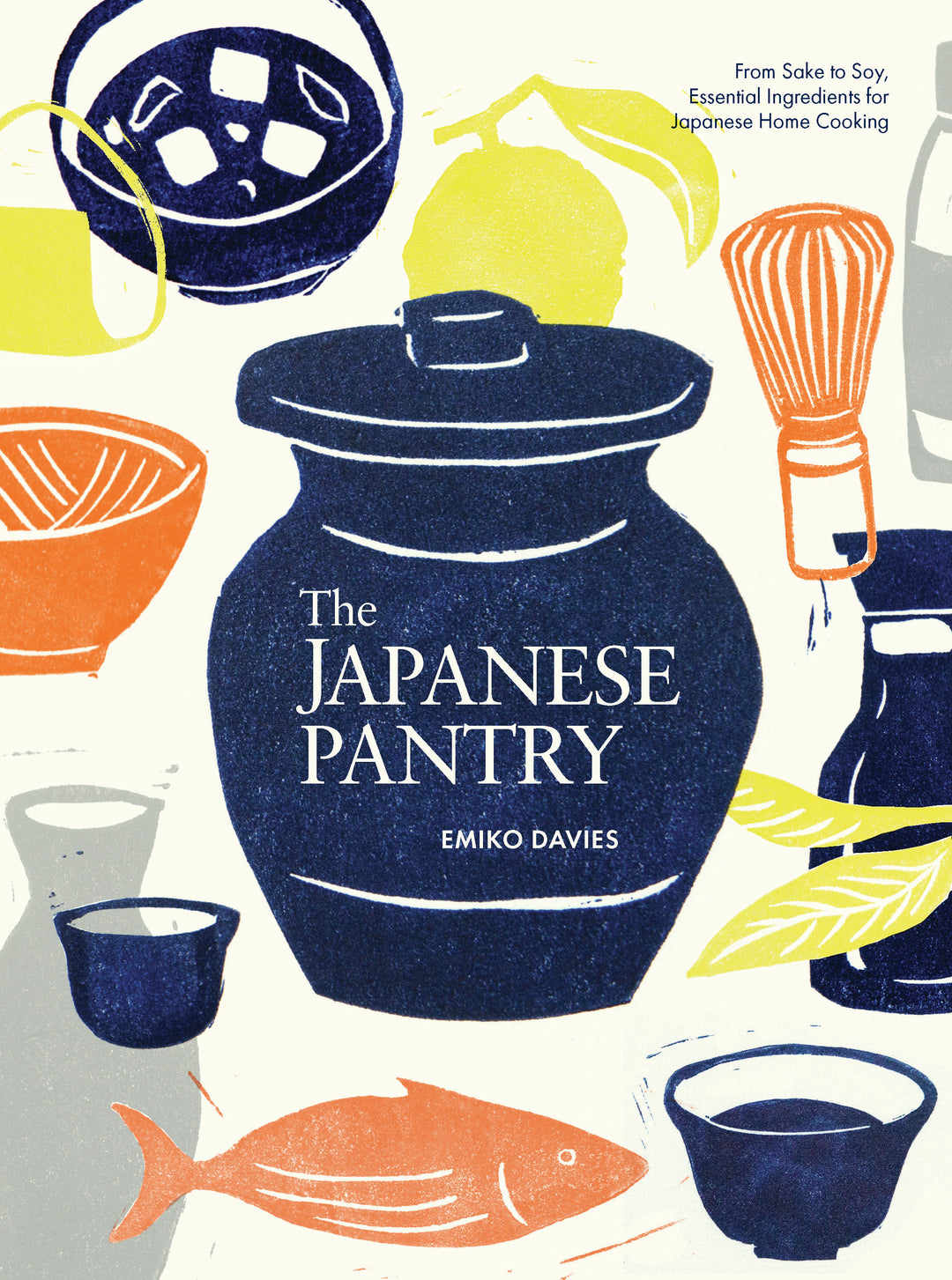 Book cover of 'The Japanese Pantry' with illustrations of kitchen items on a light background