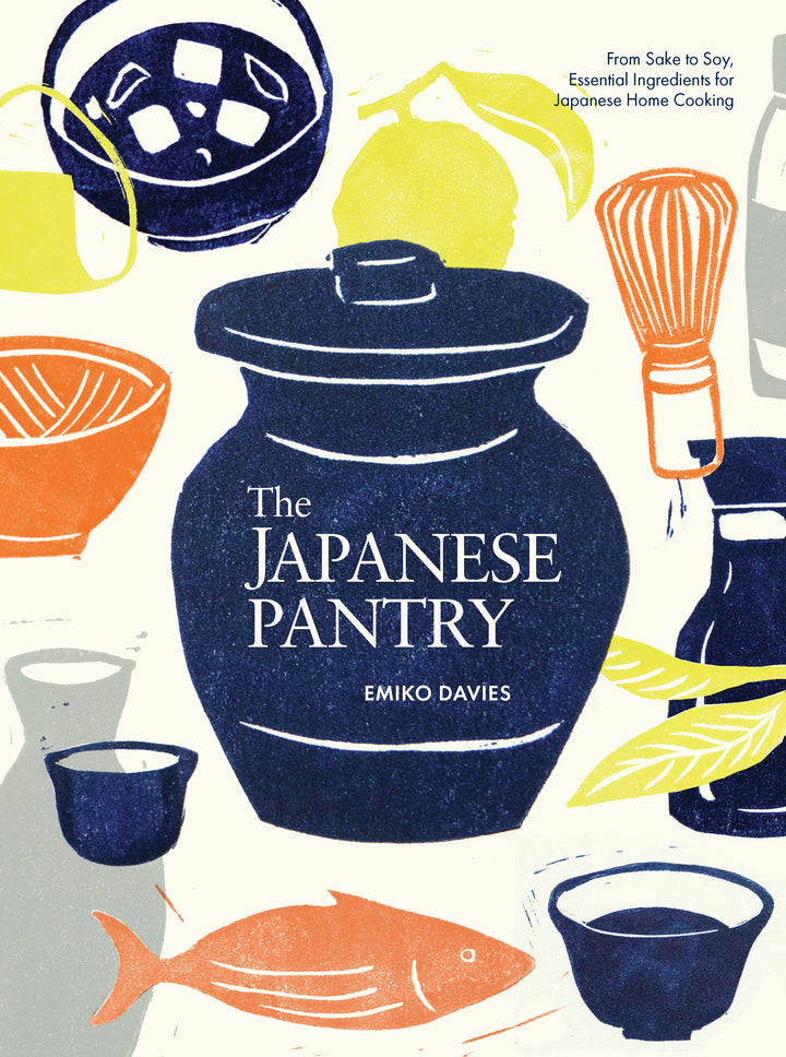 Book cover of 'The Japanese Pantry' with illustrations of kitchen items on a light background